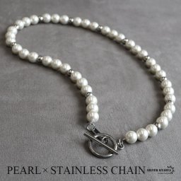 ネックレス メンズ silver kyasyaオリジナル パールネックレス マンテル ハンドメイド ストリート銀色 45cm 50cm ステンレス 金属アレルギー対応 男性