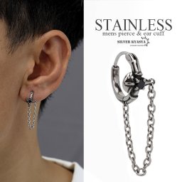 ステンレス素材 オニキス付き フープピアス チェーンピアス クロス ワンタッチピアス 片耳 シルバー メンズピアス 父の日 イヤリング 男性