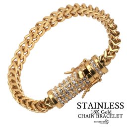 ステンレス ブレスレット 喜平 スピガ チェーンブレスレット 18k Gold キュービックジルコニア 二重ロック 二重チェーン パヴェ ヒップホップ ストリート ダンス ラップ B系 メンズ 父の日 男性