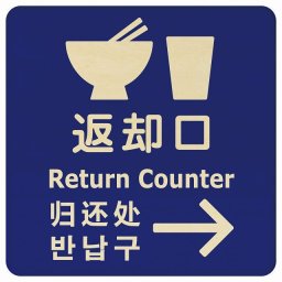 14x14cm 返却口 皿 カップ イラスト入り 多言語 英語 中国語 韓国語 対応 ブルー 右矢印 木製プレート 正方形 商業施設 飲食店 旅館 ホテル レンタル イベント表示 場所 掲示 案内板 ピクトサイン