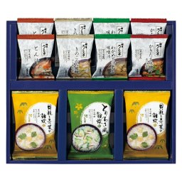 実りの秋の贈り物 フリーズドライ ギフト ろくさん亭 道場六三郎 セット内容/貝柱と三つ葉の雑炊･とん汁･きのこのお吸物ひき雲仕立･わかめと油あげの味噌汁･かきたま味噌汁赤だし仕立×各2、とりわさ風雑炊×1