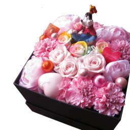 グーフィー入り 花束風 箱を開けてサプライズ ボックス レインボーローズ プリザーブドフラワー入り