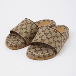 グッチ GUCCI 624695 H6320 サンダル メンズ シューズ GGキャンバス スライドサンダル ローヒール レザー カジュアル フラット プレゼント ギフト 靴 ベージュ×エボニー 27.0～28.0cm