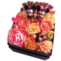 プリザーブドフラワーディズニーキャラクターおまかせマスコット２個入り 花束風 箱を開けてサプライズ フラワーボックス プリザーブドフラワー入りギフト 人気 彼女 友人 女性 友達