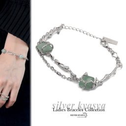 ブレスレット アベンチュリン シンプル シルバー925 レディース 2連 チェーン ひねり メタル 華奢 シルバー silver 銀 金属アレルギー対応 女性