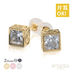 ハワイアンジュエリー ゴールド ピアス K14 14金 一粒 ホワイト ブラックジルコニア 選べる 片耳 一個購入可 スタッドピアス スクエア K10ゴールド地金入りシリコンキャッチ シンプル 20G ゲージ 受注生産 メンズ レディース プレゼント【品番：GSE104】