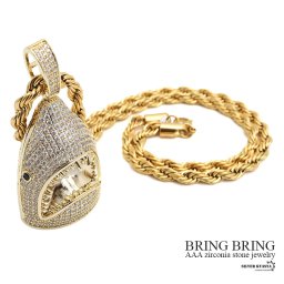 シャークネックレス ブリンブリン サメ 鮫 パヴェ CZ AAA 18k GP gold ペンダント トップ キュービックジルコニア ロープチェーン HIPHOP系 B系 ストリート ラップ ダンス ゴールド 金 メンズ 男性