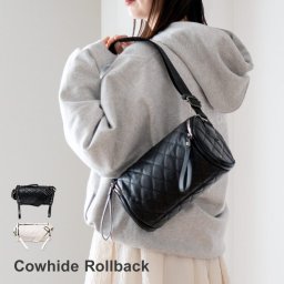 ショルダーバッグ レディース 本革 ロール バッグ カウレザー 牛革 ドラムバッグ キルティング レザー 軽量 ブラック / アイボリー 斜め掛け 大人 小さめ プレゼント 母の日 ギフト(07000646r) 祖母 ショルダーバッグ 定年退職 バレンタイン 成人祝い