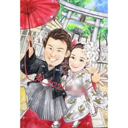 ウェディング 似顔絵 結婚式 ウェルカムボード 似顔絵ボード 新郎新婦 記念写真風の似顔絵 結婚式はもちろん、リビングにも飾れるウェディング似顔絵 あきよ