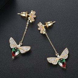 ピアス 両耳用 キュービックジルコニア 真鍮 ブルー マルチカラー イエローゴールド シルバー スタッド 揺れる ゆれる チェーン モチーフ 蜂 ハチ 花 e18112304