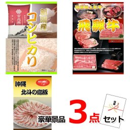 ビンゴ・二次会の景品はお任せ 景品 目録 パネル ビンゴ 新潟産コシヒカリ＆飛騨牛焼肉＆沖縄北斗の島豚豪華３点セット 景品パネル＆引換券付き目録 15217※オンライン景品対応 結婚式 ゴルフコンペ イベント 抽選会