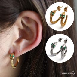 ステンレス グリーン スネークピアス フープピアス シルバーピアス ゴールド 18KGP gold silver 蛇 個性的 レディース 女性 金属アレルギー対応 両耳 イヤリング