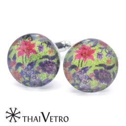 ThaiVetro イエロー 南国 フラワーデザイン ガラス製 カフス カフスボタン カフリンクス  スーツアクセサリー専門店 誕生日 プレゼント プチギフト おしゃれ カフスマニア