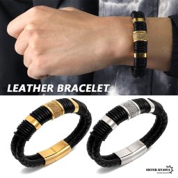 ブレスレット メンズ レザー ステンレス シルバー ゴールド silver gold マグネット メタリック ユニーク 男性 金属アレルギー対応