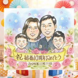 結婚10周年のお祝いに、特別なお祝いに、特別な笑顔を贈れます。 似顔絵 結婚10周年 贈り物 手描き プレゼント ギフト 名入れ 結婚10周年 お祝い 記念 周年記念 家族 ご両親 夫婦 下書き確認 名入れ 修正無料 親孝行 サプライズ かわいい 一生もの 記念日 感謝 一生もの 宝物 10周年 同窓会 喜寿祝い おすすめ 色紙 クリスマス キレイ ハロウィン 披露宴 長寿祝い 応援 結婚祝い