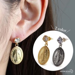 シルバー925 奇跡のメダイピアス シルバー ゴールド 18k gp マリアピアス 聖母 一粒ピアス ドロップピアス 揺れる 片耳1点 金属アレルギー対応 イヤリング