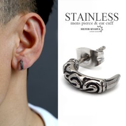 アラベスク スタッドピアス ステンレス メンズ モチーフピアス シルバー 唐草 燻し風加工 金属アレルギー対応 片耳 1点 父の日 イヤリング 男性