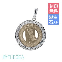 ハワイアンジュエリー シルバー ペンダント トップ 刻印 無料 誕生石入れ可 バストークン コイン フラダンサー ロジウムコーティング シルバー925 ネックレス チェーン別売 ペンダントヘッド BY THE SEA バイザシー プレゼント 夏 サマー 【品番：SP302】