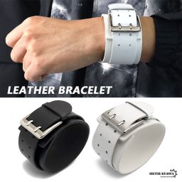 ブレスレット メンズ レザー 本革 牛 ベルト バックル 太幅 ブラック ホワイト black white シンプル 男性 女性 レディース
