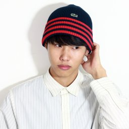 帽子 ラコステ ニット帽 メンズ lacoste レディース 秋 冬 防寒 コットンニット 帽子 ライン入り スポーティ ニットワッチ ワニマーク ブランド アウトドア LACOSTE 通販 紺 赤 ネイビー レッド コットン ボーダー柄 ユニセックス 日本製 父の日