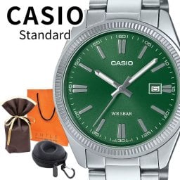 ラッピング済 ギフトセット 正規品 カシオ スタンダード 腕時計 メンズ 父の日 収納ケース付き シンプル アナログ 日付表示 ステンレス 防水 グリーン シルバー ビジネス フォーマル 男性 ギフト プレゼントに最適 成人 卒業 入学