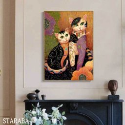 絵画 ファブリック ネコ 猫 パネル 枠付き 40×60cm アート 人気 モダン 絵 装飾  額入り画 額装込  インテリア アートパネルリビング プレゼント 壁掛け 壁絵 ホテル 旅館 カフェ アートフレーム 送料無料