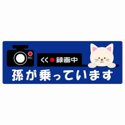 孫が乗っています 録画中 ねこ ネイビー サインステッカー シール 車 ステッカー 長方形 14x5cm 防水 屋内 屋外 セーフティサイン 安全対策 車用 安全運転 煽り運転対策 安全対策 かわいい イラスト カーサイン