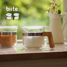 biite ビッテ パウダーポットバンブー[調味料入れ おしゃれ ガラス みたい 透明 キャニスター クリア 木製 ハンドル 持ち手 使いやすい スプーン付き 塩 砂糖 ソルト シュガー シュガーポット] 即納