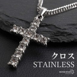 ステンレス クロスネックレス ストーンネックレス ペンダントネックレス ダブル喜平チェーン 6面カット 細身 シルバー 十字架 キラキラ メンズ 男性 金属アレルギー対応