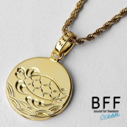 BFF ブランド コインネックレス ゴールド 18金 K18 GP gold 金色 タートル ウミガメ ペア ハワイアンジュエリー ロープチェーン 彫金 手彫り 専用BOX付属