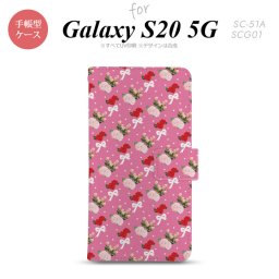 SC-51A SCG01 Galaxy S20 5G 手帳型 スマホケース 全面印刷 おしゃれ ストラップホール 内側にカードポケット付き 花柄 バラ リボン ピンク ビビット nk-004s-s20-dr262