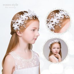 ヘアアクセサリー ヘッドドレス 子供 髪飾り 女の子 キッズ フラワー ヘアバンド 花刺繍 ６連シンプル クラシカル 白 ゴールド ホワイト パール ビーズ 花 可愛い 発表会 誕生会 舞台 記念写真(HC03)