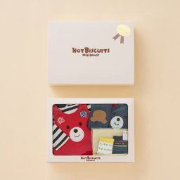 ミキハウス ホットビスケッツ★人気顔ドン オーバーオール&スパッツ★ウェアギフトセット（赤70cm）【BOX付き】