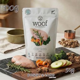  【送料無料】 犬用 ドッグ WOOF ワフ ドッグフード チキン 50g フリーズドライ ローフード 非加熱 グルテンフリー 全年齢 無添加、穀物不使用 総合栄養食 おやつ 低脂肪 高たんぱく マヌカハニー トライプ 子犬 シニア犬 高齢 老犬