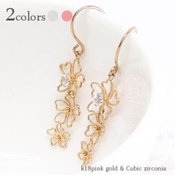ピアス フラワー フック 3連 キュービックジルコニア 18金 14金 k18ピンクゴールド k14ホワイトゴールド 花 レディース ジュエリー アクセサリー  プレゼント ギフト 人気 おすすめ 送料無料