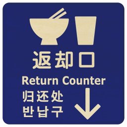9x9cm 返却口 皿 カップ イラスト入り 多言語 英語 中国語 韓国語 対応 ブルー 下矢印 木製プレート 正方形 商業施設 飲食店 旅館 ホテル レンタル イベント表示 場所 掲示 案内板 ピクトサイン