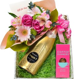 誕生日 女性 お花とシャンパン スイーツギフト～シャンパンギフトセット～【フラワーアレンジメント＋シャンパン＋スイーツ】フランス「マキシム・ド・パリ」泡 辛口 750ml  生花 バラ ガーベラ ピンク イギリス ビスケット 塩 バター クッキー 記念日 誕生日妻 彼女 送料無料