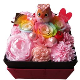 お祝い 花 フクロウ入り 花束風 ギフト 箱開けてスマイル ボックス入り レインボーローズ プリザーブドフラワー入り 開運 金運アップ 開店祝い