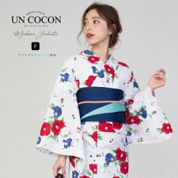 女性浴衣　レディース浴衣　浴衣　浴衣単品　仕立て上がり　レトロ　女性用　フリー　　ホワイト　白　椿　　花柄　赤　青