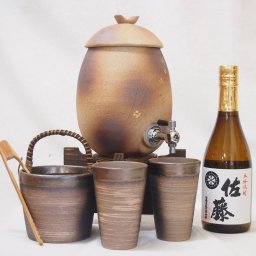 信楽焼・明山窯　焼酎サーバー　火色金小紋　2200ｃｃ(滋賀県)+萬古焼・備前金彩焼酎ペアカップ 氷入れ(三重県)+芋焼酎 佐藤 白 720ml(鹿児島県)