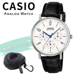カシオ 腕時計 メンズ ブラック レザー ホワイト マルチファンクション CASIO 海外モデル 曜日表示 日付表示 24時間表示 プレゼント ギフト 収納ケース付き 成人 卒業 入学