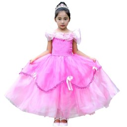 オーロラ ドレス 子供 キッズ 女の子 ピンク 衣装 パーティー 発表会 TDL プレゼント ギフト オフショルダー オーバースカート チュール リボン ロング フォーマル クラシカル ピアノ 舞台 結婚式  4点セット DR07