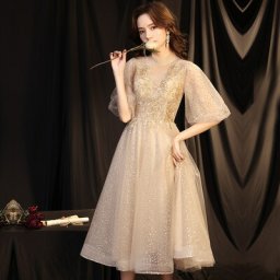 パーティードレス ワンピース 結婚式 二次会 パーティ 発表会 レース シースルー クラシカル 膝半袖セクシーなフィッシュテール チュールワンピ 披露宴お呼ばれファスナー着痩せAライン