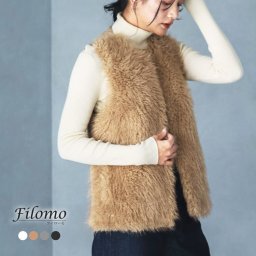 Filomo フィローモ ファーベスト エコファー ニットベスト ノーカラー 上品 羽織り きれいめ ポケット ボリューム感 羽織 ベスト レディース 女性  大人 かわいい ふわふわ 暖かい ニット プレゼント ギフト (08000293r) クリスマス 母の日 バレンタイン 成人祝い