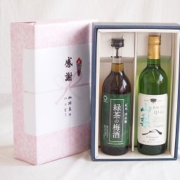 実りの秋の贈り物 感謝の贈り物ボックス 絶妙に融合した緑茶の梅酒と国産ワインセット(山梨 甲州 白ワイン やわらかな辛口(山梨県)750ml和歌山県中野BC緑茶の梅酒12度 720ml