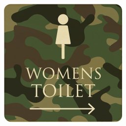 9x9cm トイレ 御手洗 TOILET トイレマーク 迷彩 カラー WOMENS 右 矢印 ピクトサイン 木製ドアサイン ドアプレート インテリア 施設 案内