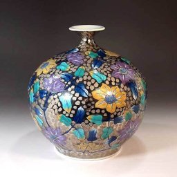 【有田焼 陶芸家 藤井錦彩作】有田焼美術品 染錦プラチナ彩鉄線花絵飾り花瓶 文字入れ可能な木箱入り（伝統工芸品・花瓶・壺・壷・法人ギフト）