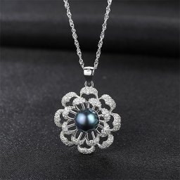 ネックレス キュービックジルコニア 淡水パール シルバー925 ブラック シルバー スクリューチェーン 小粒 40+5cm 揺れる ゆれる 上品 大人 花 フラワー pn0064