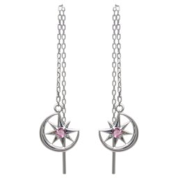 【送料無料】プラチナ 揺れる ロングピアス 月 星 モチーフ ロングチェーンピアス 誕生石ピアス