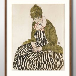 エゴン シーレ Edith with Striped Dress, Sitting A3 サイズ ポスター アート おしゃれ 絵画 インテリア 北欧 イラスト マット紙 艶消し アートパネル 額 フレーム デザイン 壁掛け ギフト 新築祝い ディスプレイ 引越し祝い　新生活　空間デザイン 
